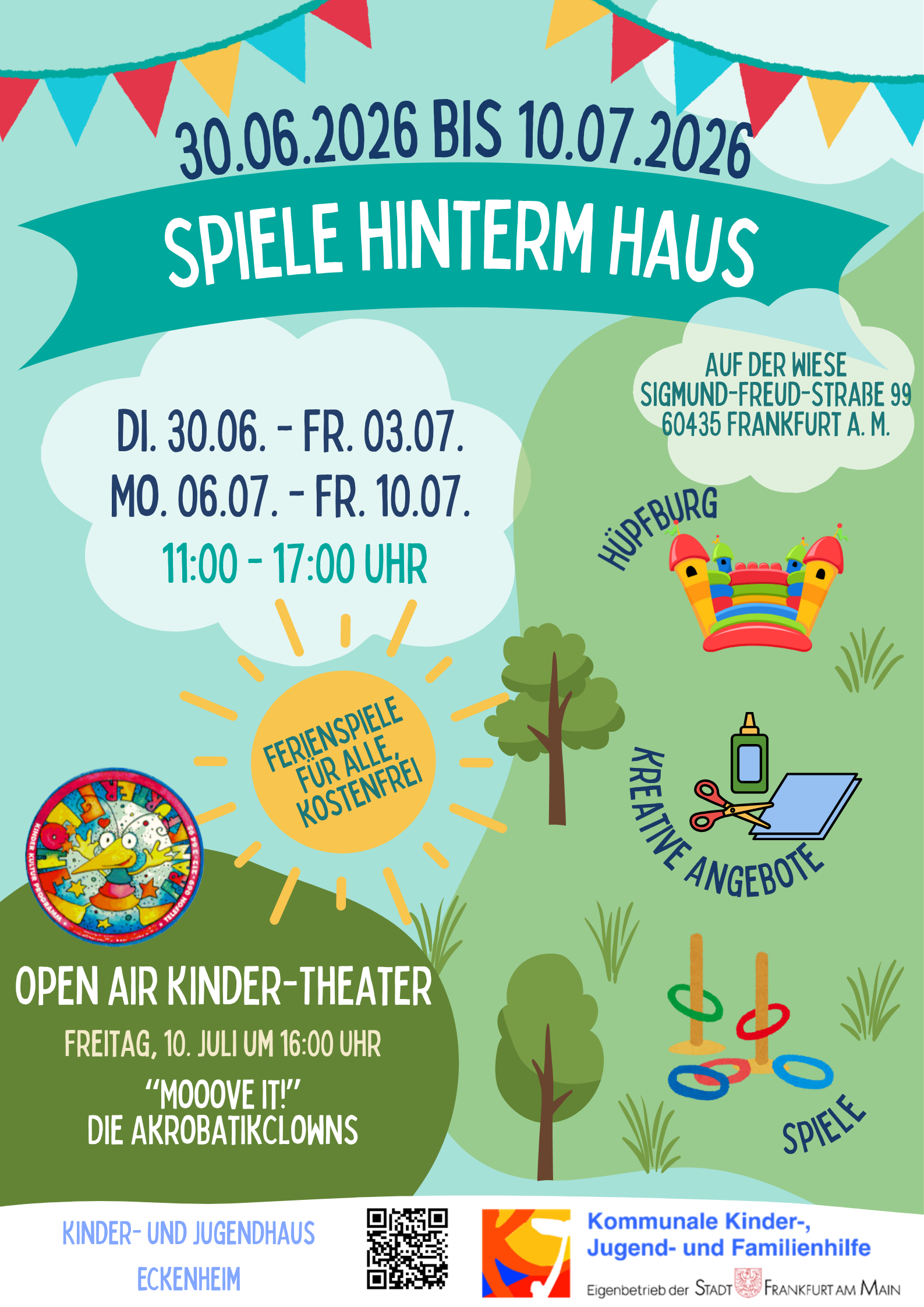 Spiele hinterm Haus vom 30.06-10.07.2026 11:00-17:00 Uhr. Open Air Theater am 10.07.2026 um 16:00 Uhr. Auf der Wiese, Sigmund-Freud-Straße 99 - 60435 Frankfurt am Main. Mit Hüpfburg, kreativen Angeboten, Spielen und mehr. Das Kinder- und Jugendhaus Eckenheim